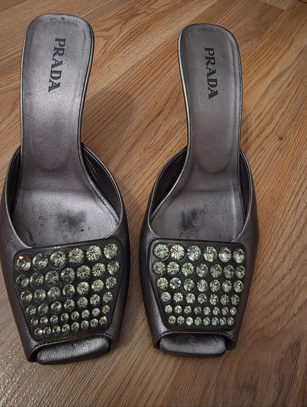 Prada Siver Leather Jeweled Square-Toe Mules